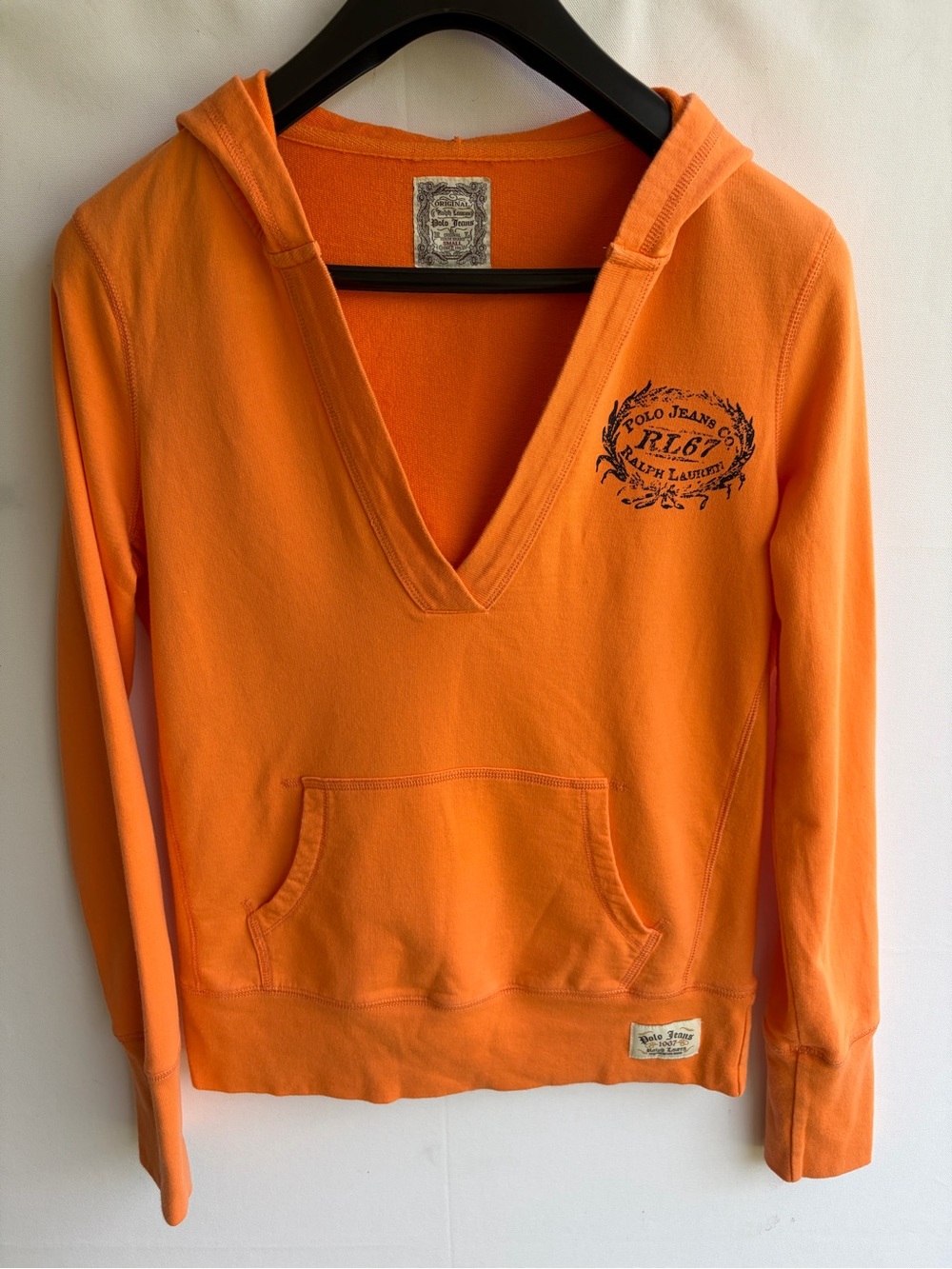 Ralph Lauren Polo Jeans Co RL67 Tangerine Orange V-Neck Hooded Sweatshirt Size S